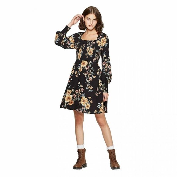 Dress Xhilaration Women's Size S Black Floral Print Long Sleeve Square Neck - Picture 1 of 4